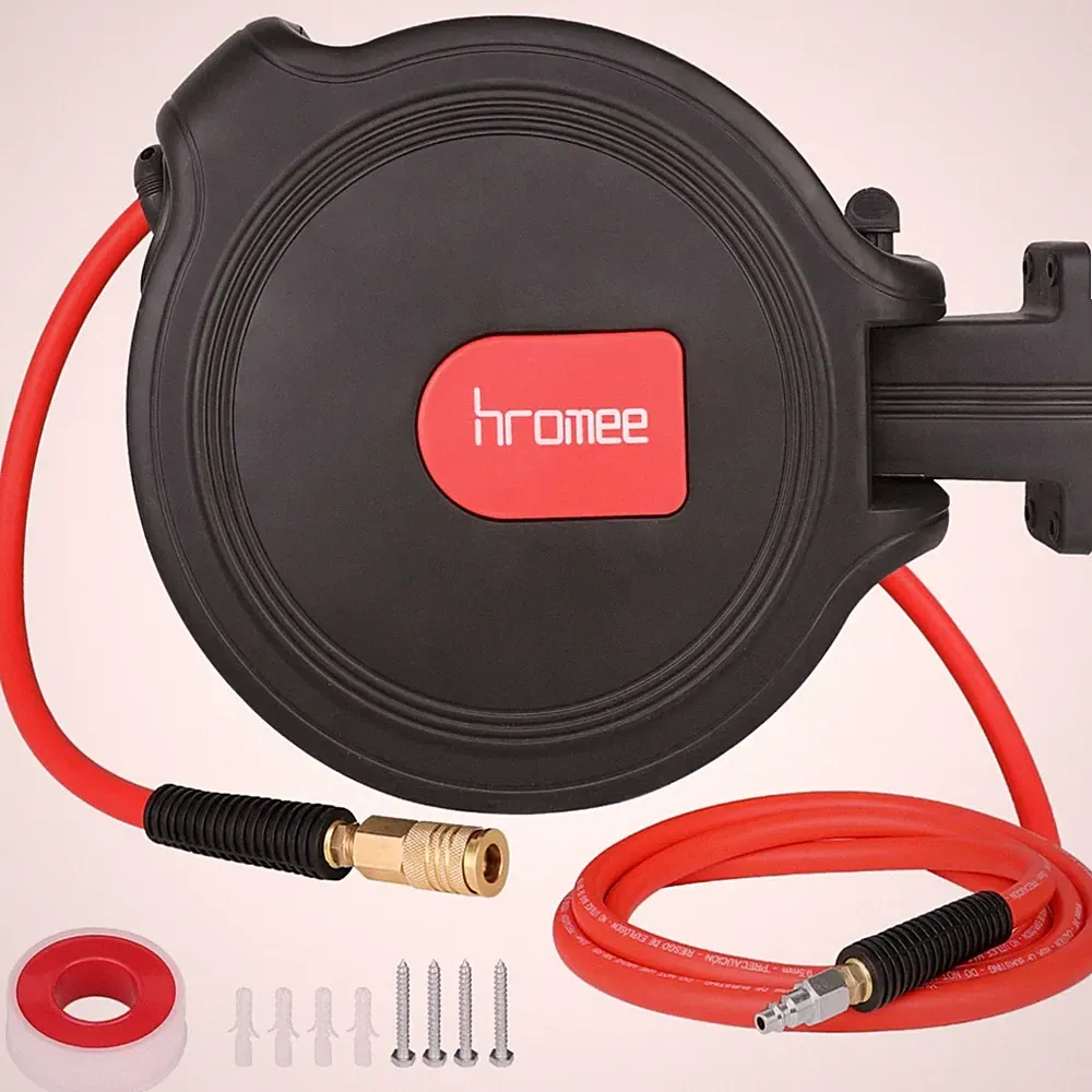 Air Compressor Hose Reel with Automatic Retractable Enclosed 3/8 Inch × 50 Fe...