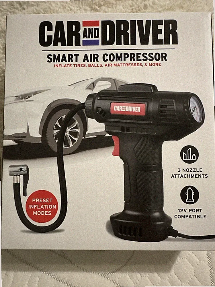 Car And Driver Smart Air Compressor 3 Nozzle Attachment 12V Port Compatible New
