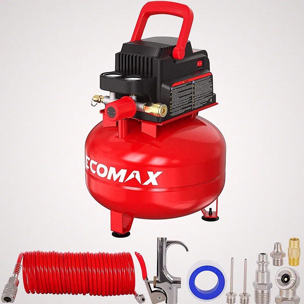 ECOMAX Air Compressor 3 Gallon 110 PSI Pancake Portable With Accessories, Red